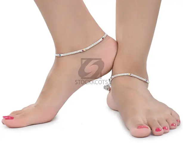 AanyaCentric Silver Plated White Metal Anklets Payal Pair ACIA0066 - 1